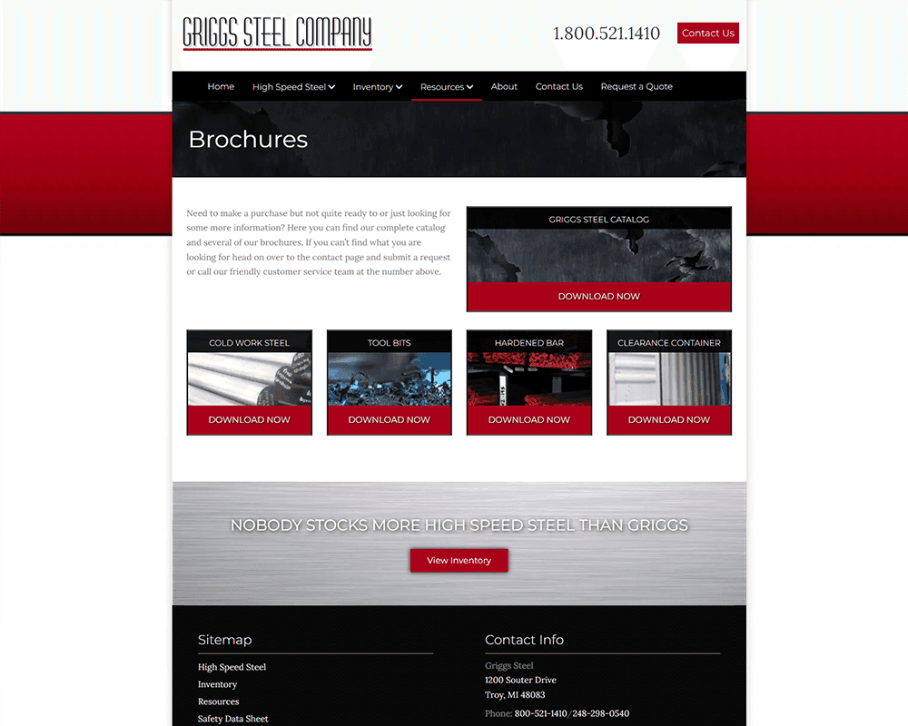 Screenshot of Griggs Steel - Brochures page