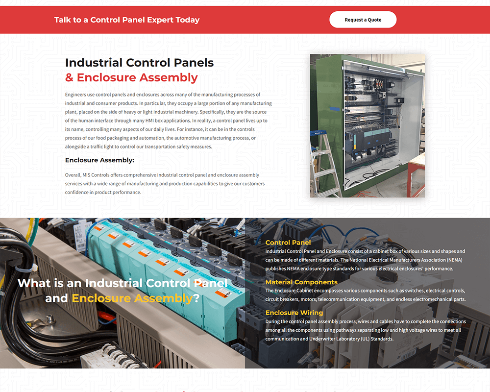 Screenshot of MIS Controls - Industrial Control Panels & Enclosure Assembly and What is an Industrial Control Panel and Enclosure Assmebly? sections