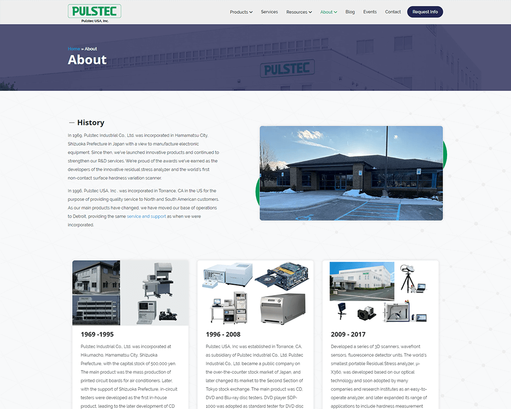 Screenshot of Pulstec USA - About page