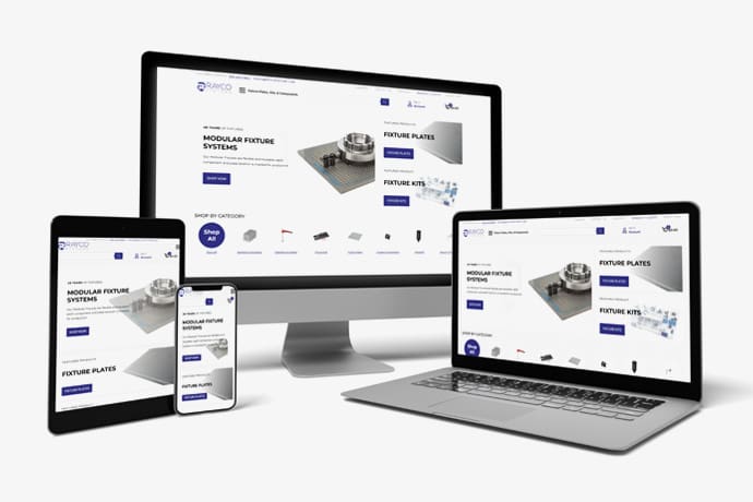 Responsive website design displayed on a desktop, laptop, tablet, and smartphone for Rayco modular systems.