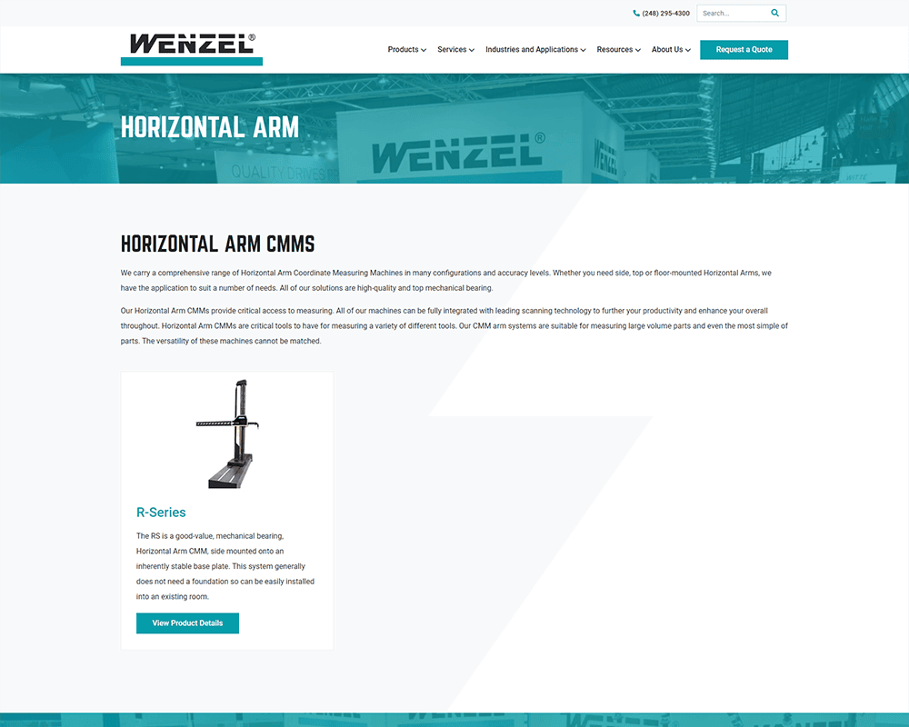Screenshot of Wenzel America - Horizontal Arm CMM page