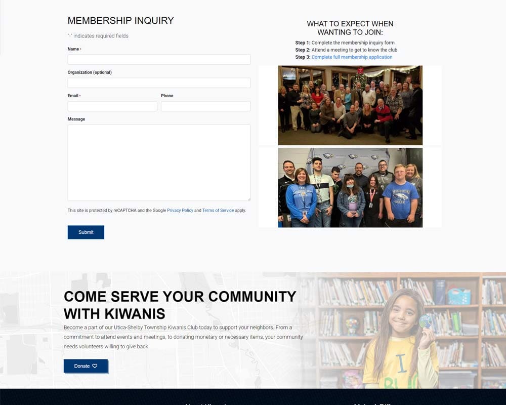 Kiwanis Club membership inquiry form with group photos and community engagement message.