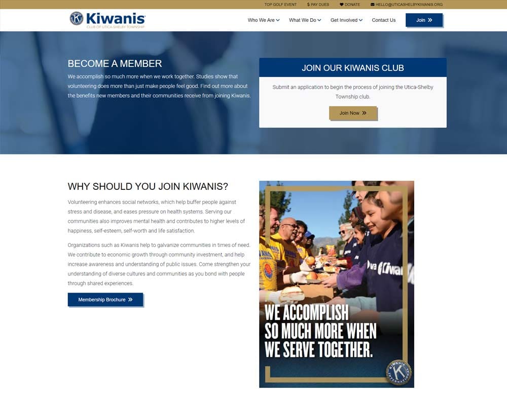 Kiwanis Club membership recruitment webpage with people volunteering and community service information.