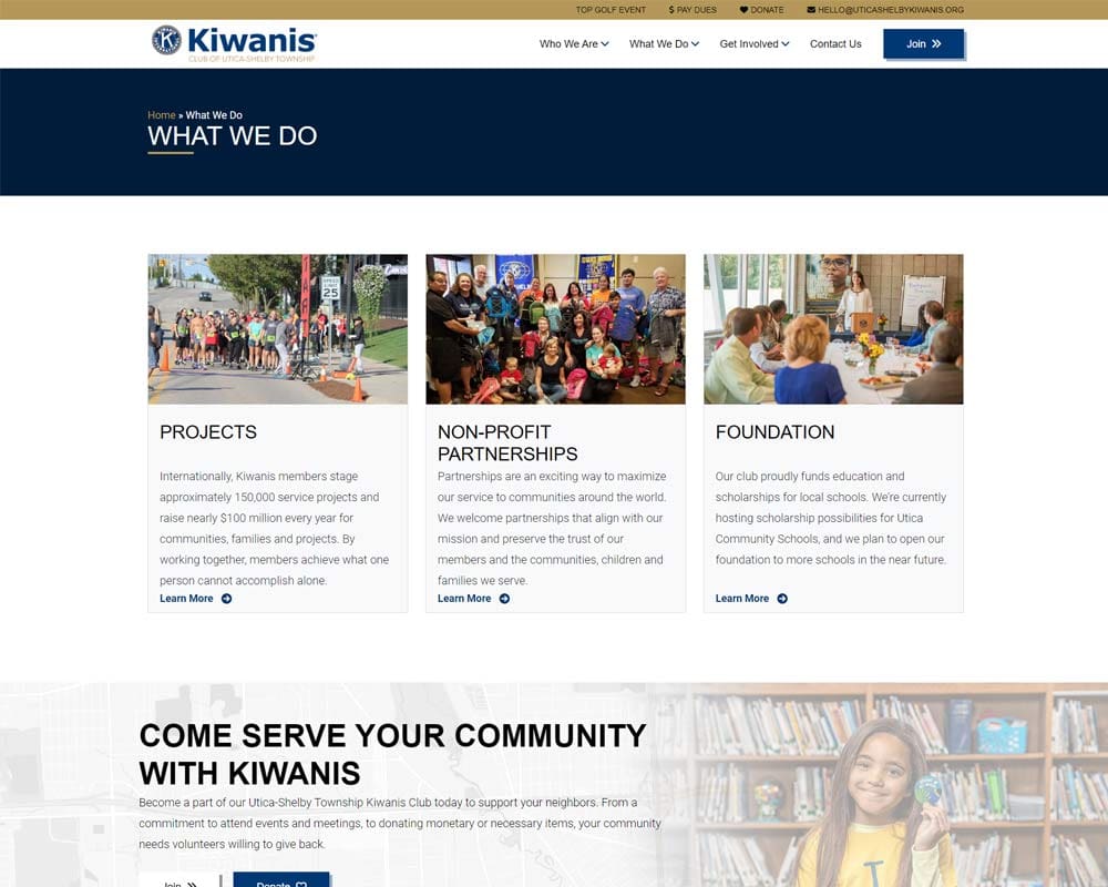 Kiwanis webpage showcasing projects, partnerships, and foundation initiatives for community service and education.