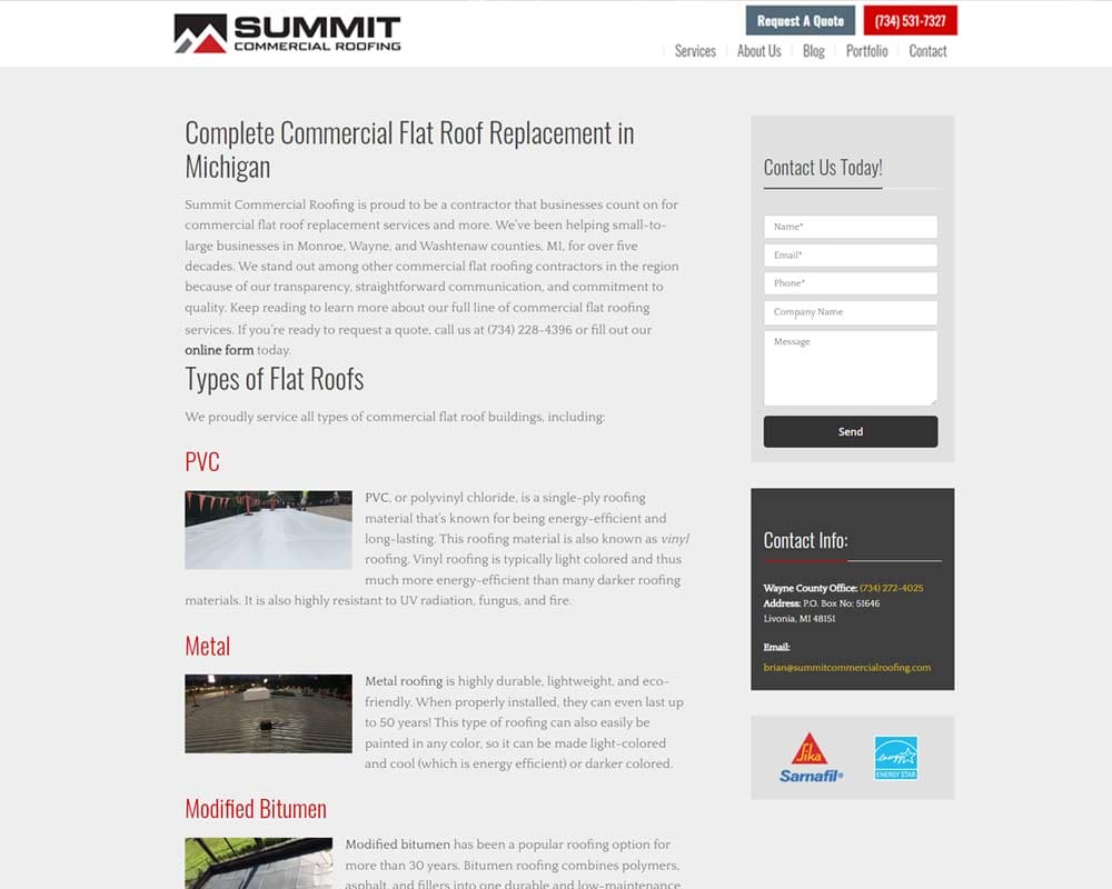 Summit Commercial Roofing webpage highlighting flat roof replacement services in Michigan with contact details.