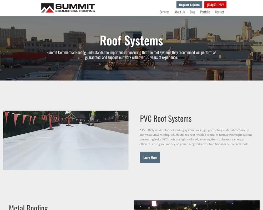 Summit Commercial Roofing website showcasing roof systems and PVC roofing solutions for energy efficiency.