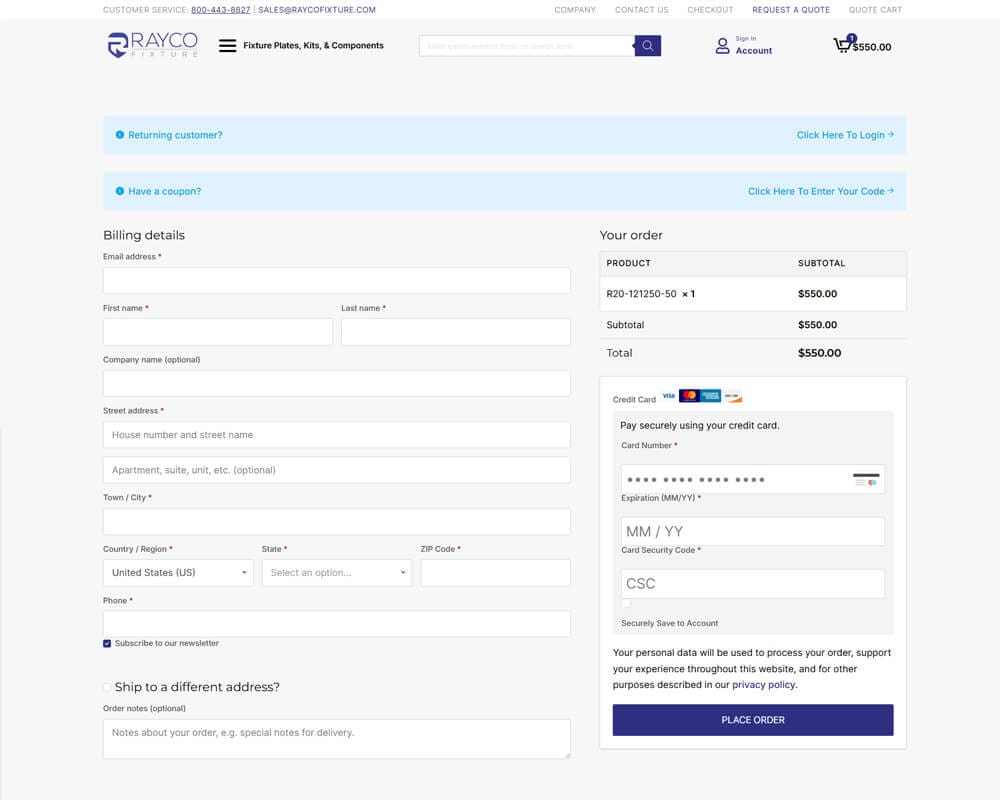 Online checkout page with billing form and order summary for Rayco Fixture, displaying payment and shipping details.
