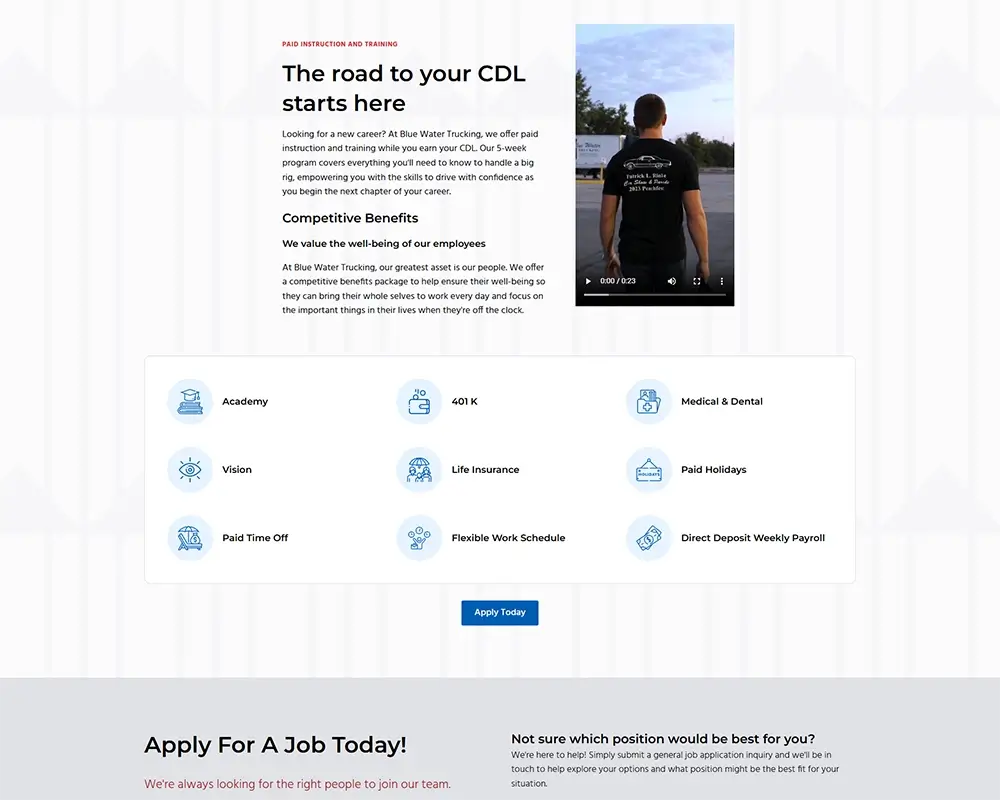 CDL training program advertisement with employee benefits including medical, dental, life insurance, and flexible schedule.