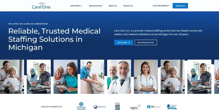 Care One Inc. website showcasing Michigan medical staffing services and job opportunities.