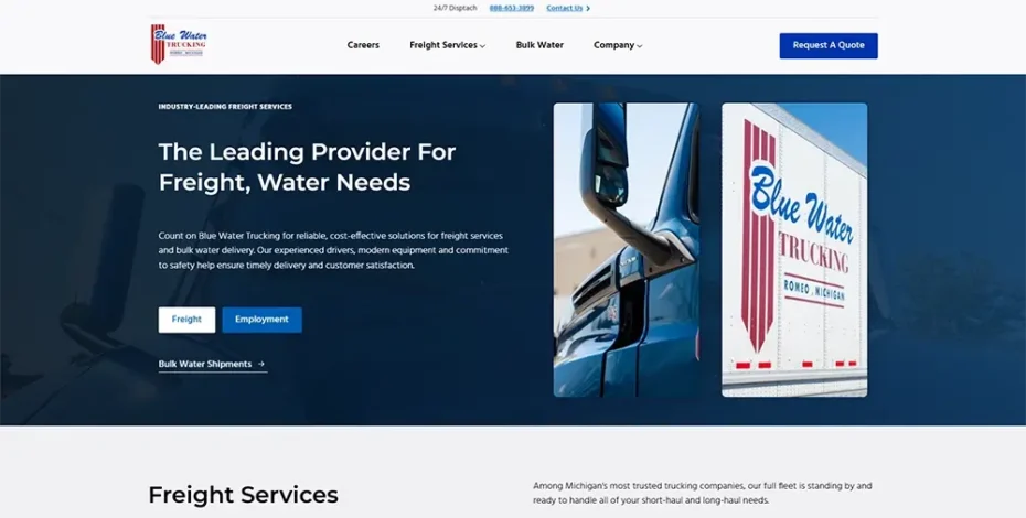 Blue Water Trucking homepage showcasing freight and water delivery services, with images of trucks and delivery options.