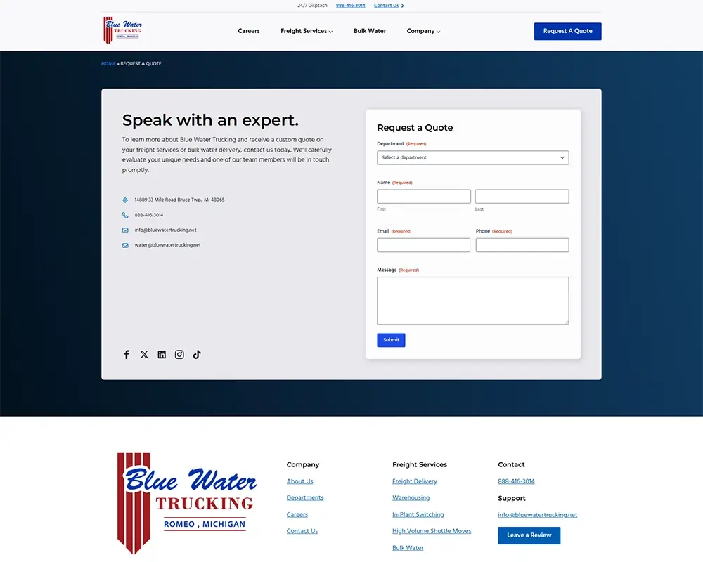 Blue Water Trucking contact page with quote request form and contact information.