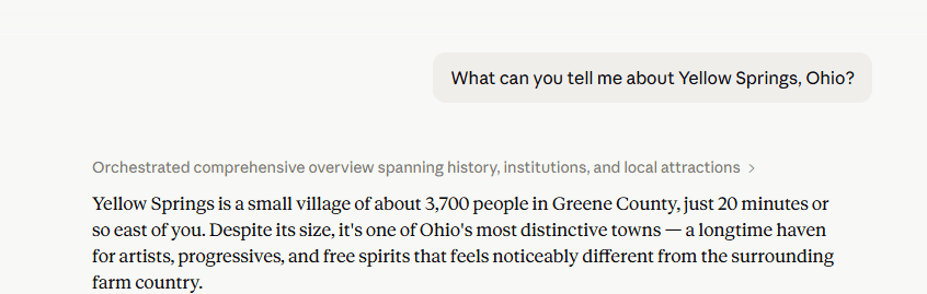 A screenshot from Claude with a prompt of "What can you tell me about Yellow Springs, Ohio?"