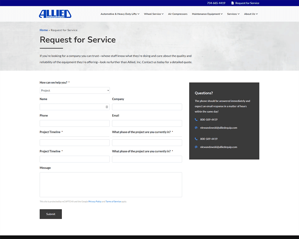 Screenshot of Allied Equipment - Request for Service page