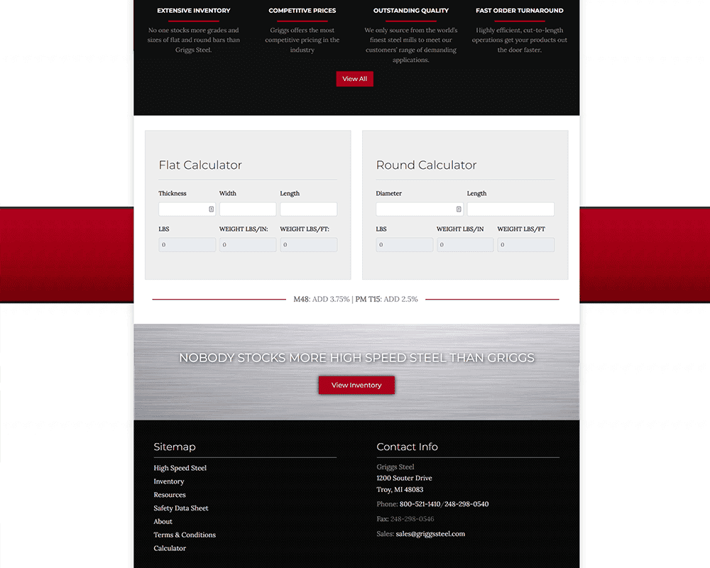 Screenshot of Griggs Steel - Calculator section