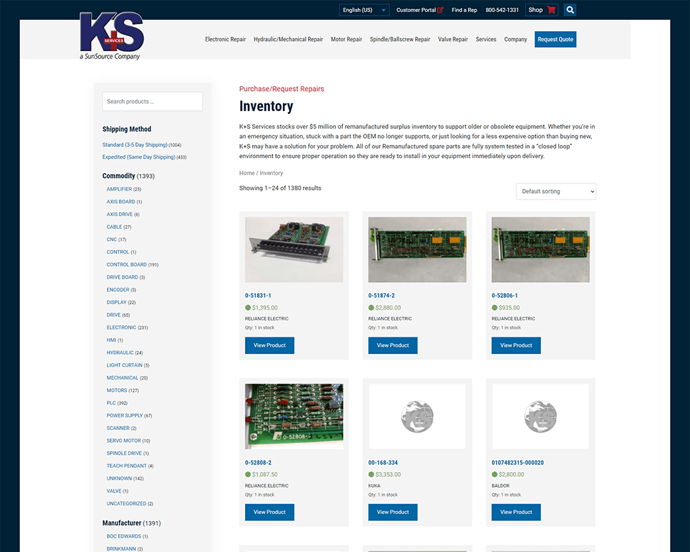 Screenshot of K+S Services - Inventory page