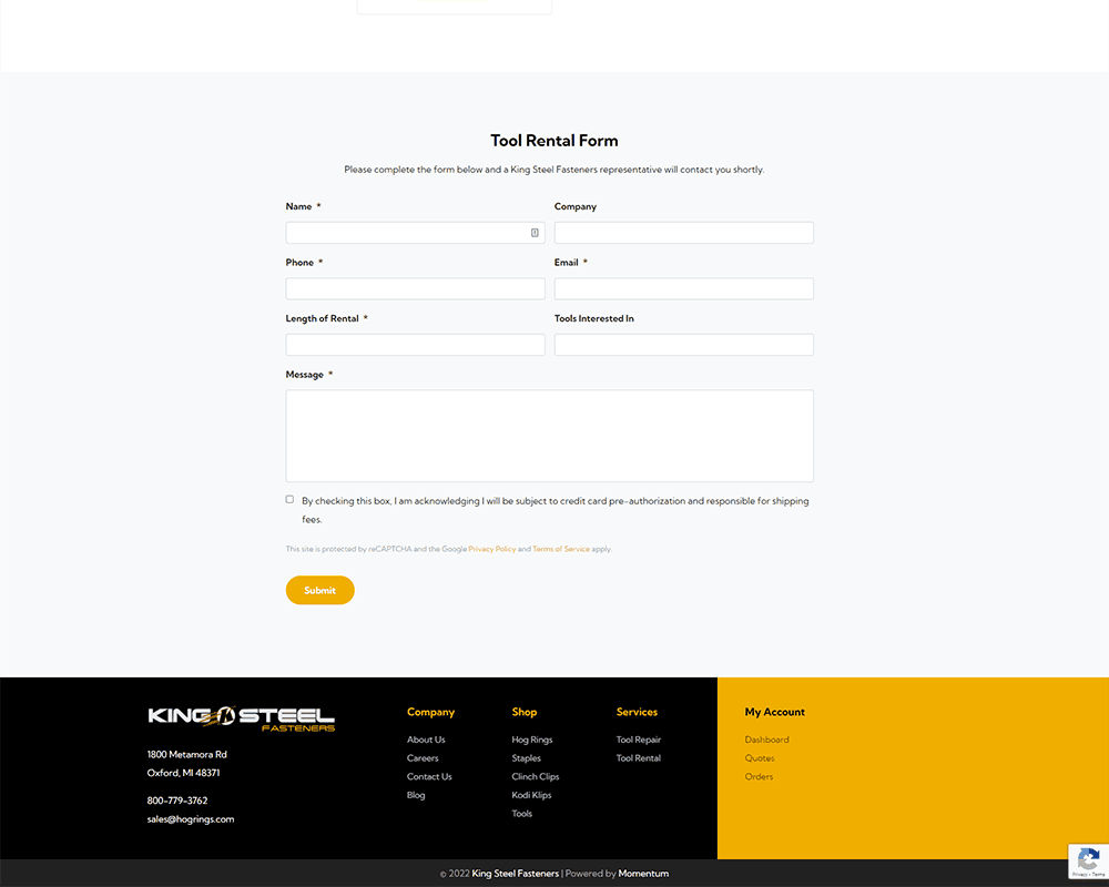 Screenshot of King Steel Fasteners - Tool Rental form