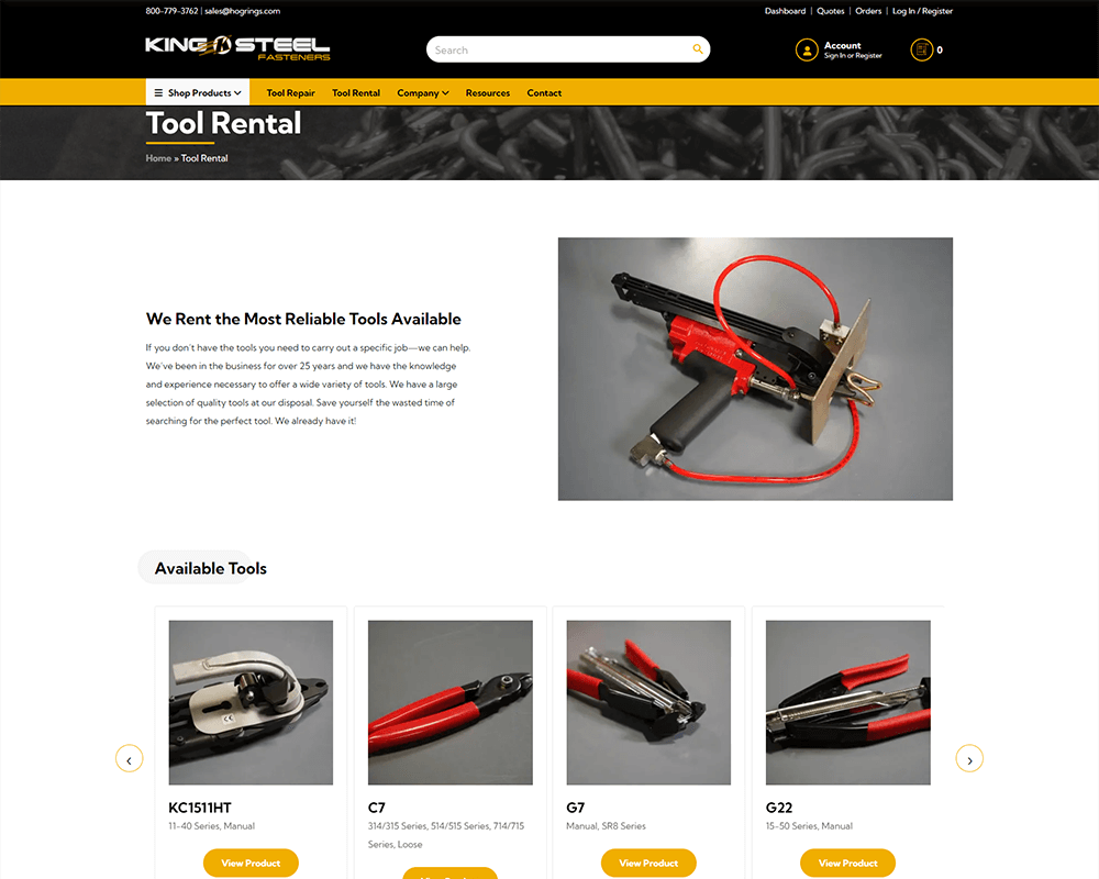 Screenshot of King Steel Fasteners - Tool Rental page
