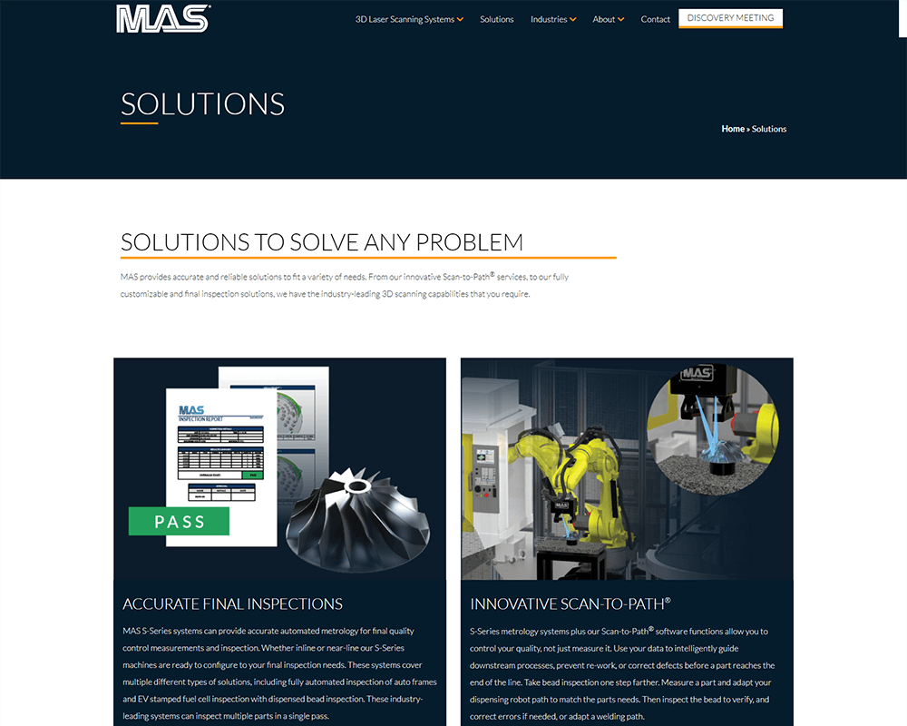 Screenshot of MAS - Solutions page