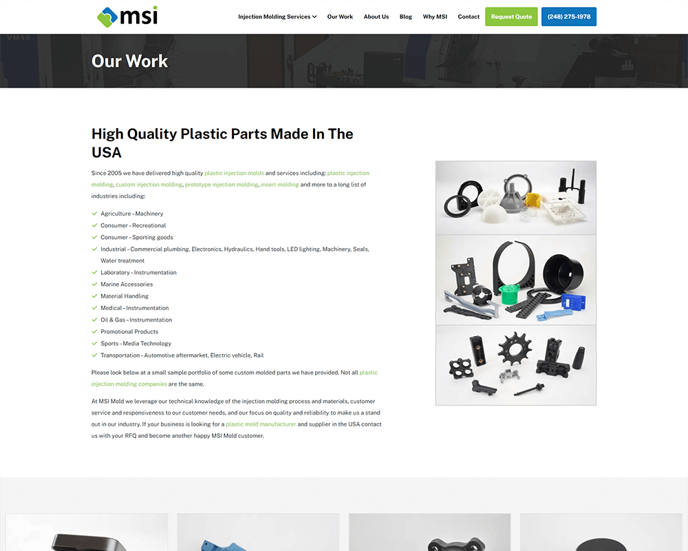 Screenshot of MSI Mold - Our Work page