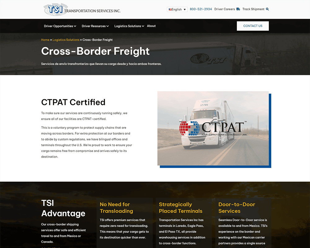 Screenshot of TSI - Cross-Border Freight page