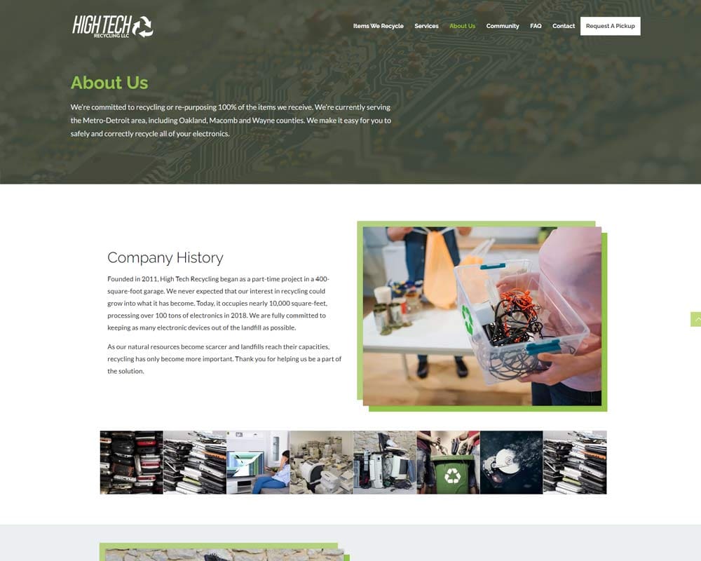 High Tech Recycling website 'About Us' page showcasing recycling commitment and history.