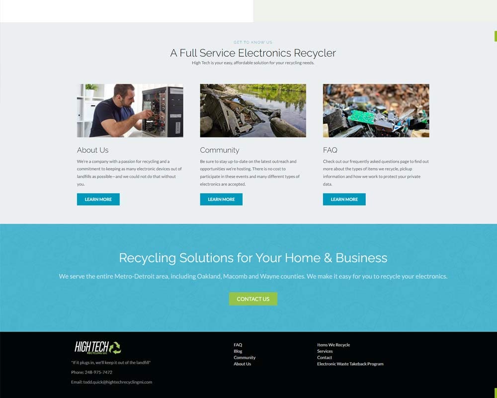 High Tech Electronics Recycler webpage with sections on About Us, Community, FAQ, and recycling solutions.