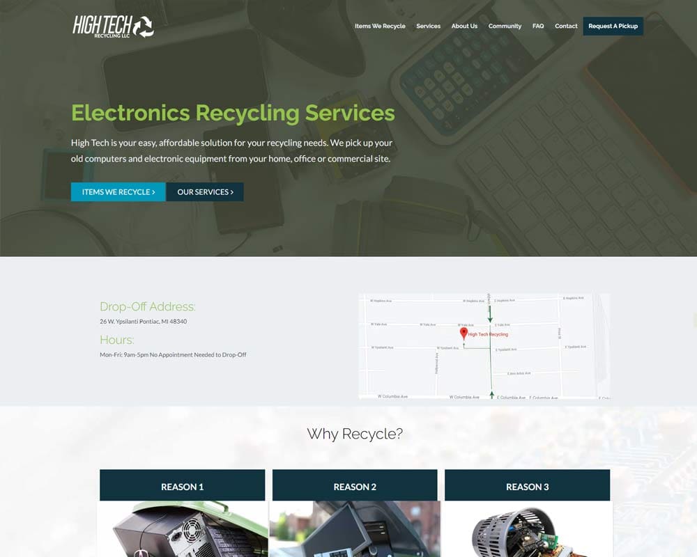 High Tech Electronics Recycling Services homepage with drop-off location and recycling benefits.