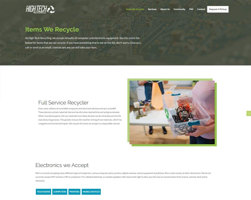 High Tech Recycling page about electronics recycling services with clear, informative content and eco-friendly focus.