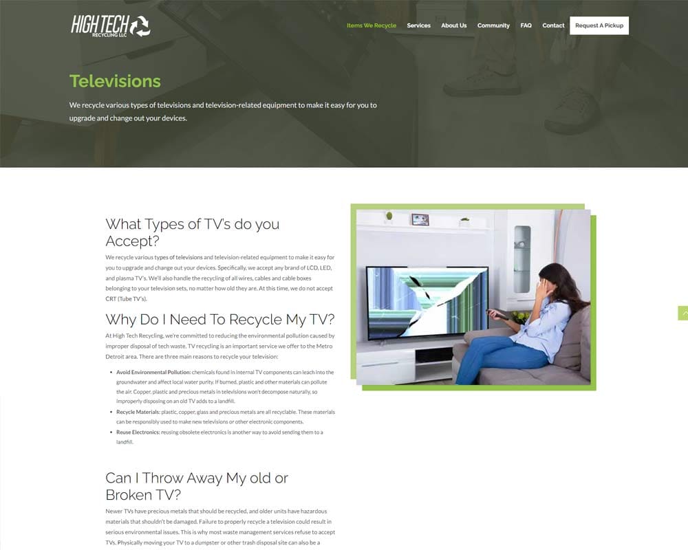 High Tech Recycling webpage for TV recycling with woman viewing damaged television on couch.
