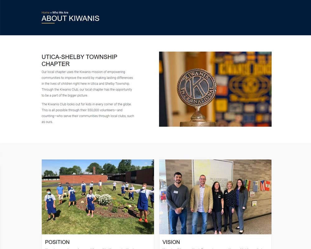 Kiwanis International page about Utica-Shelby Township chapter. Image includes Kiwanis emblem and group activities.