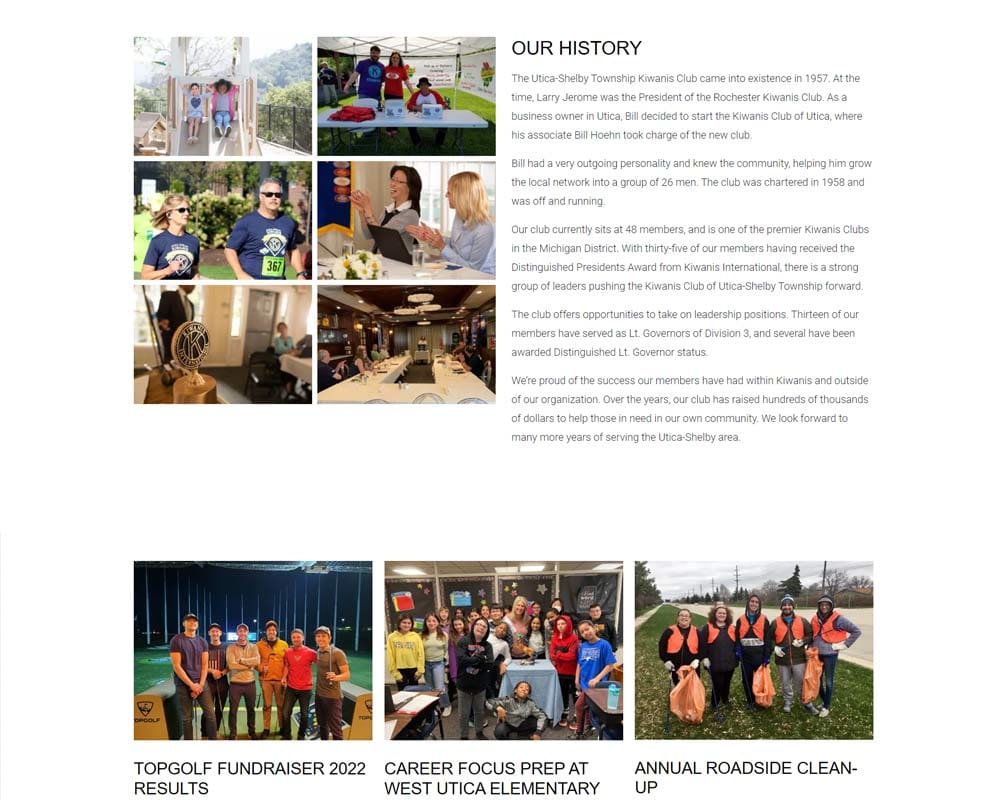 Collage of Utica-Shelby Kiwanis Club events, including meetings, community service, and a fundraiser at Topgolf.
