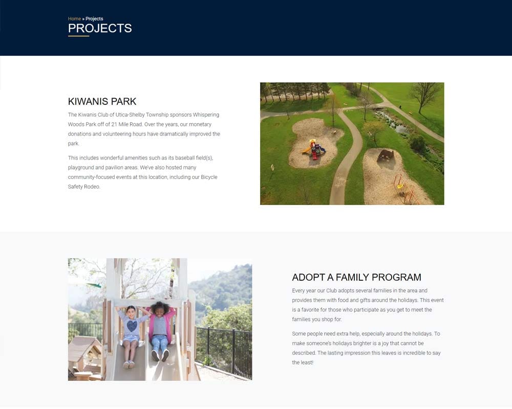 Projects page with Kiwanis Park overview and Adopt a Family Program description, featuring park images.