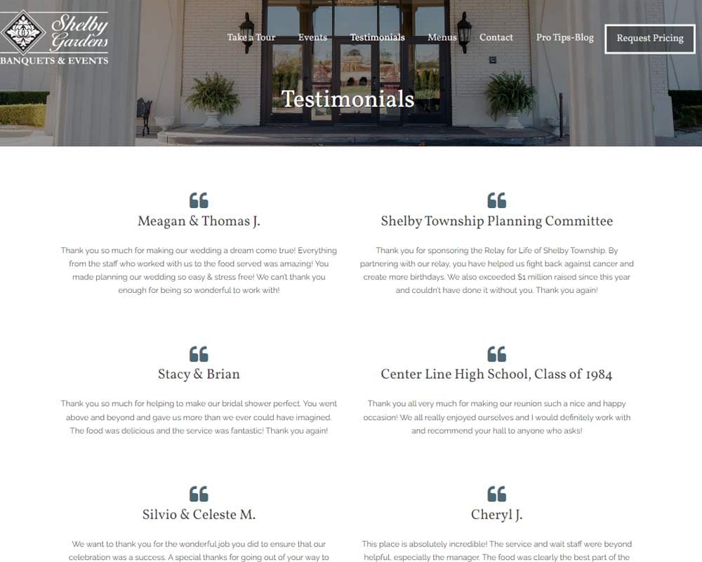 Shelby Gardens testimonials page with praise from various clients for events like weddings and reunions.