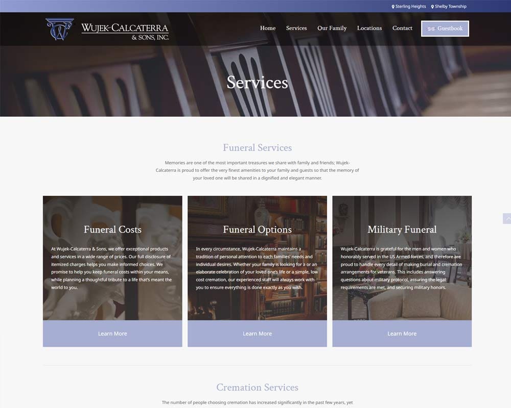 Wujek-Calcaterra funeral services webpage showcasing cost, options, and military funeral offerings.