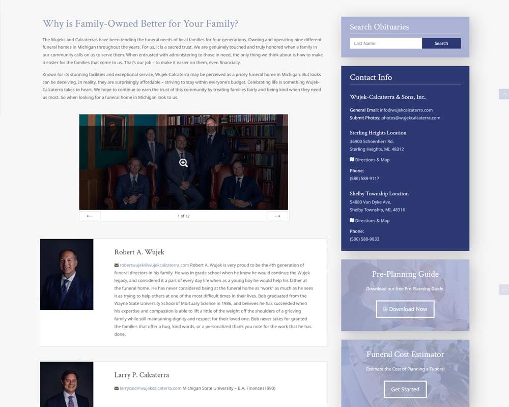 Family-owned funeral home overview with contact info, leadership team photo, and pre-planning resources.