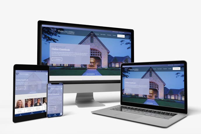 Responsive design of a funeral home website displayed on desktop, laptop, tablet, and smartphone screens.