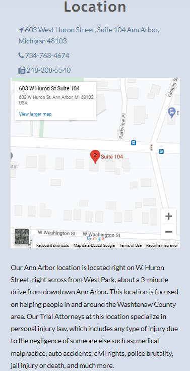 Part of a location page that highlights the business's location, phone numbers, Google Maps, directions to the location, and services offered at the location.