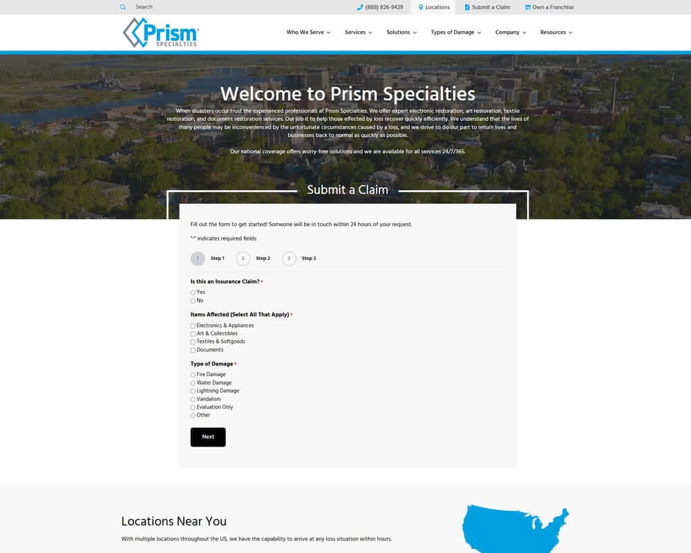 Prism Specialties homepage with claim submission form and service information.
