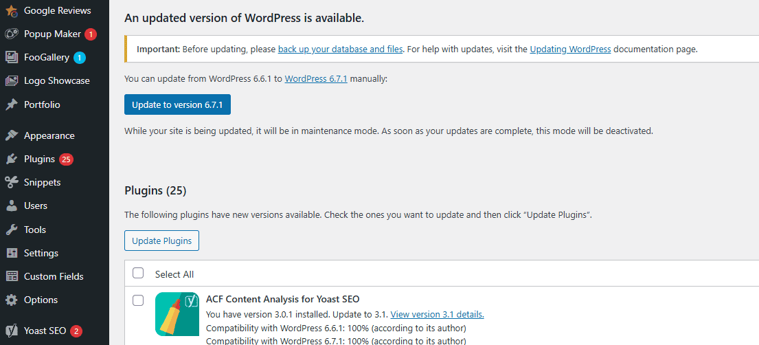 WordPress updates screenshot