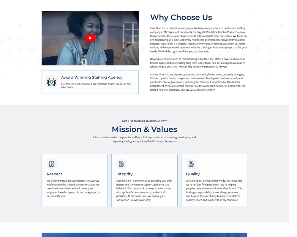 Care One Inc. staffing agency webpage highlighting award, mission, values, and video of healthcare professional.