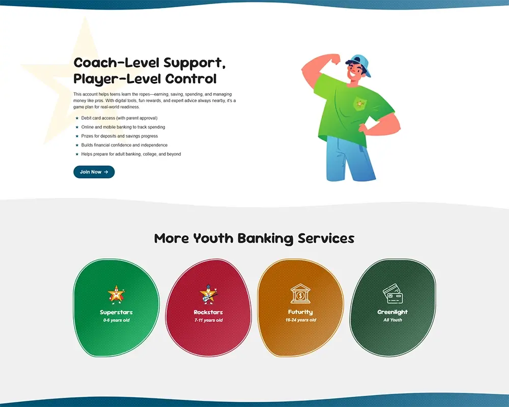 Youth banking services infographic featuring age-specific programs and benefits for building financial confidence.