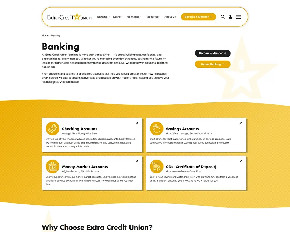 Extra Credit Union banking page with checking, savings, money market accounts and CD options.