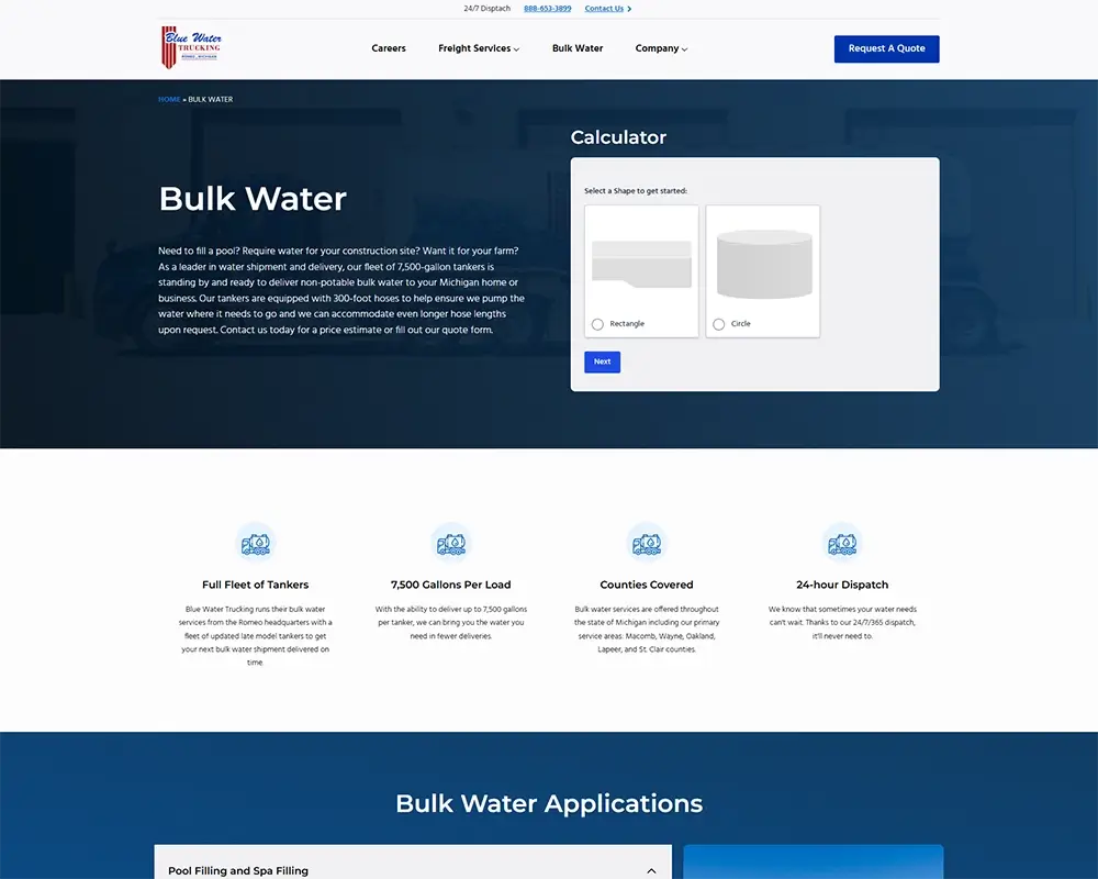 Bulk water delivery service webpage with features and service info.