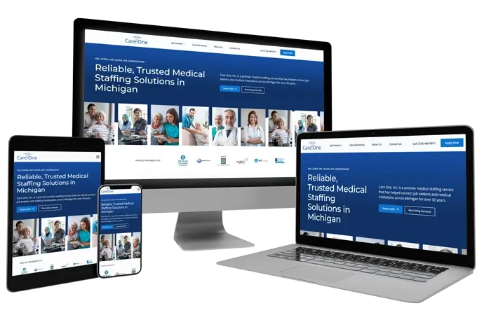 Care One website shown on different screens