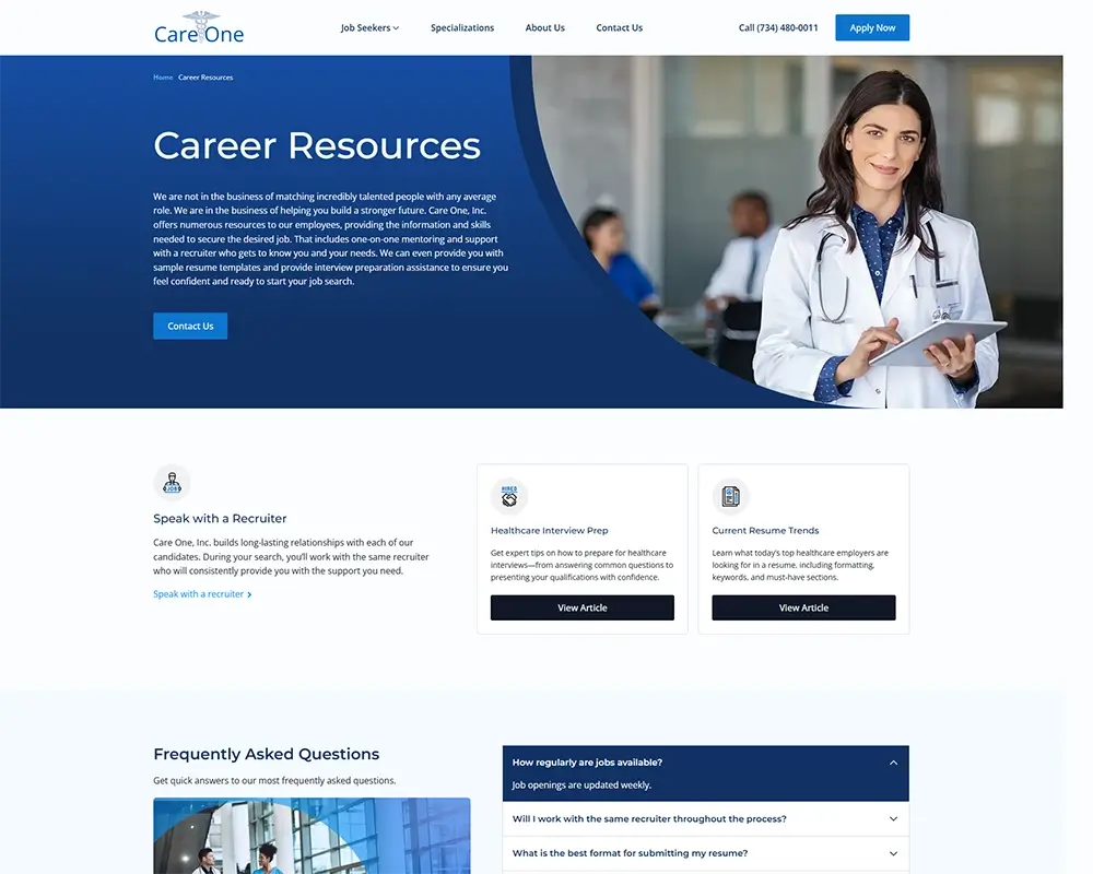 Healthcare professional on Career Resources page with information on job seeking and recruitment support.