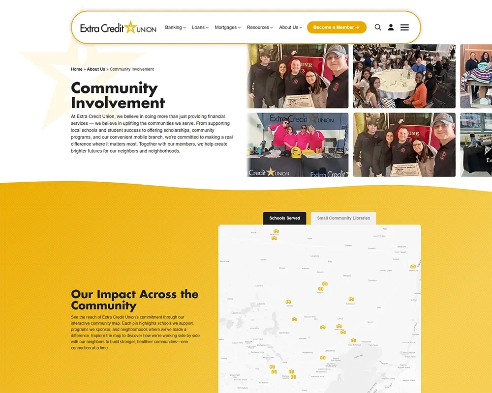 Extra Credit Union community involvement and impact map showing supported schools and programs.