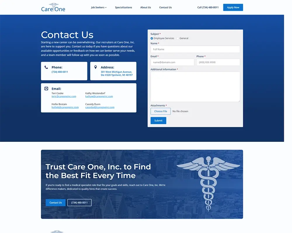 Care One Contact Us page with phone, address, emails, and contact form for inquiries.