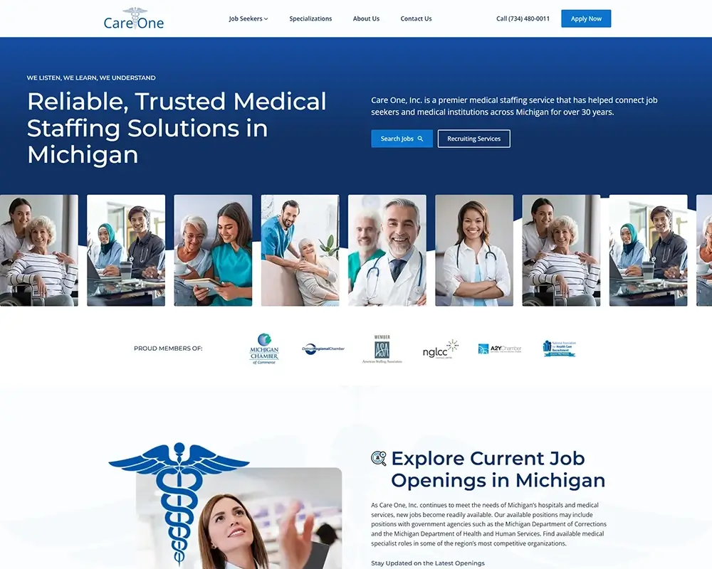 Care One Inc. website showcasing Michigan medical staffing services and job opportunities.