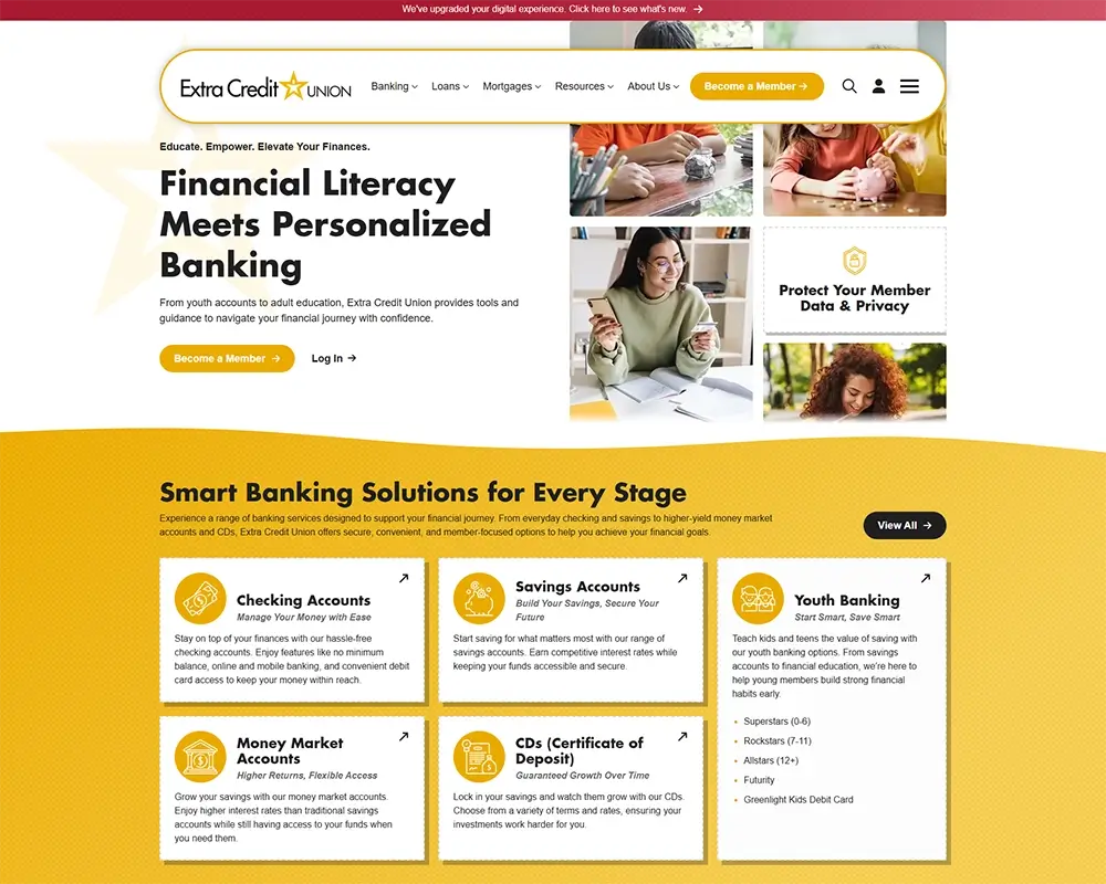 Extra Credit Union offers personalized banking solutions for checking, savings, and youth accounts.