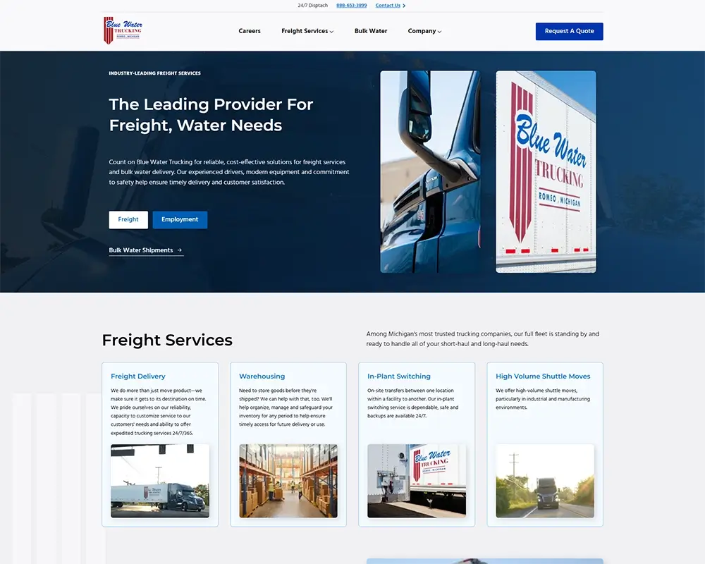 Blue Water Trucking homepage showcasing freight and water delivery services, with images of trucks and delivery options.